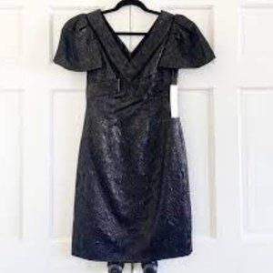 Badgley Mischka black brocade metallic puff sleeve cocktail dress size 6